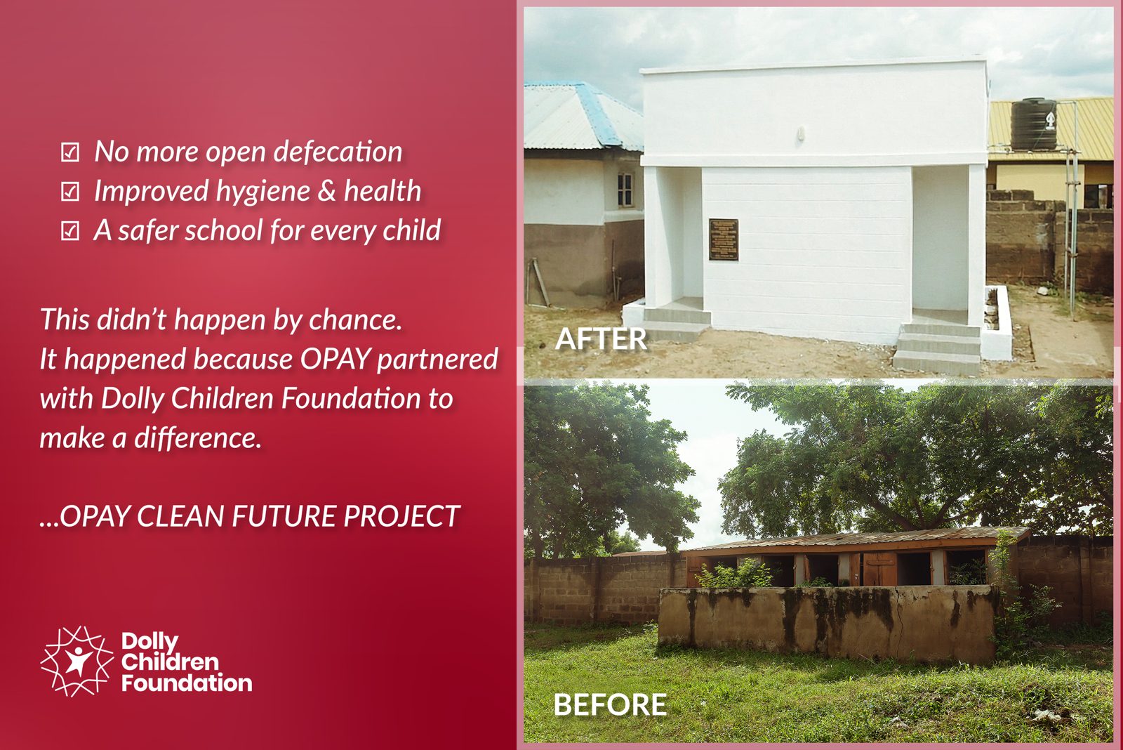 Before and after: the OPay Clean Future sanitation facility built with Dolly Children Foundation