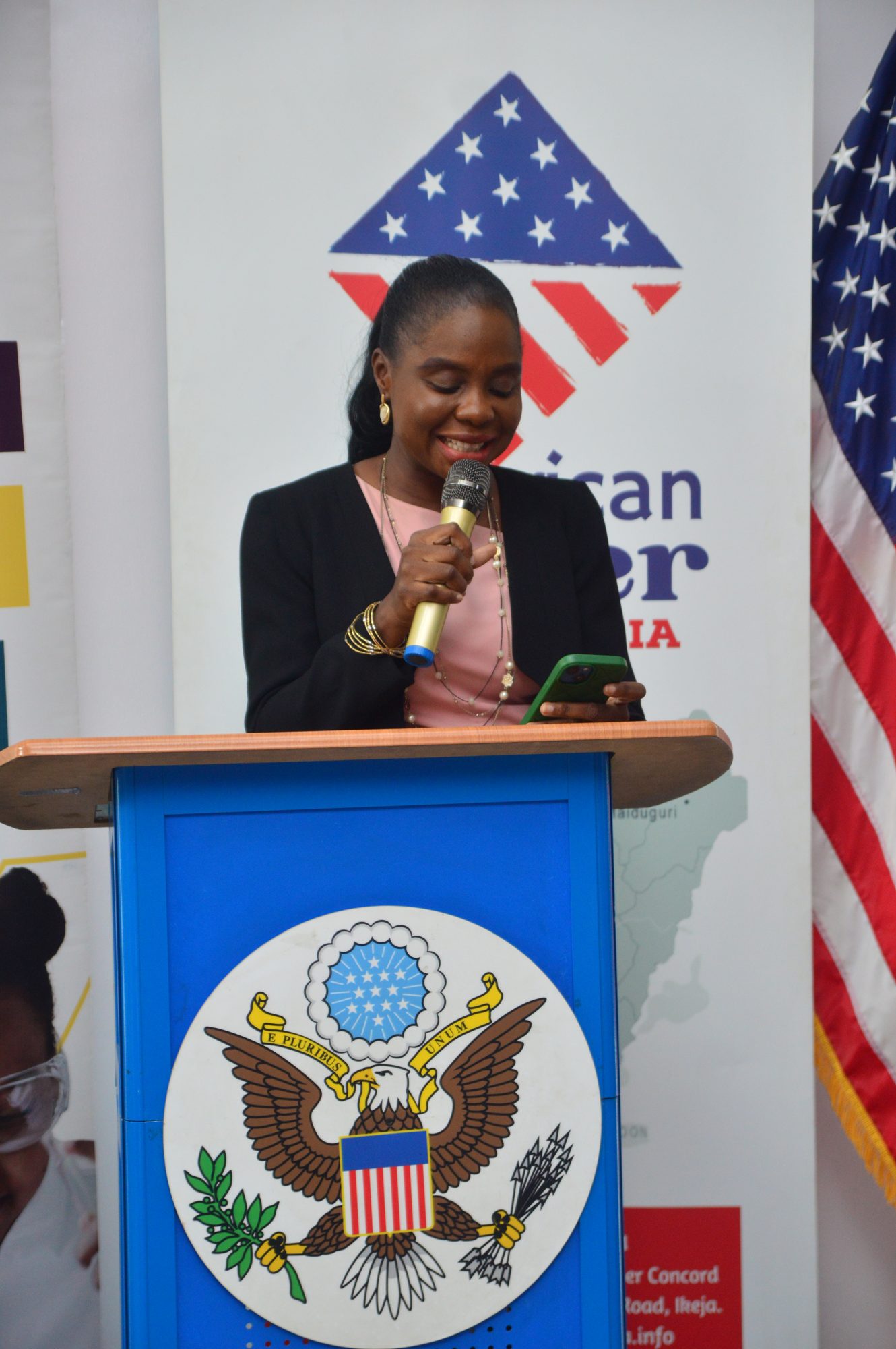 Adedolapo Osuntuyi speaking at the American Corner